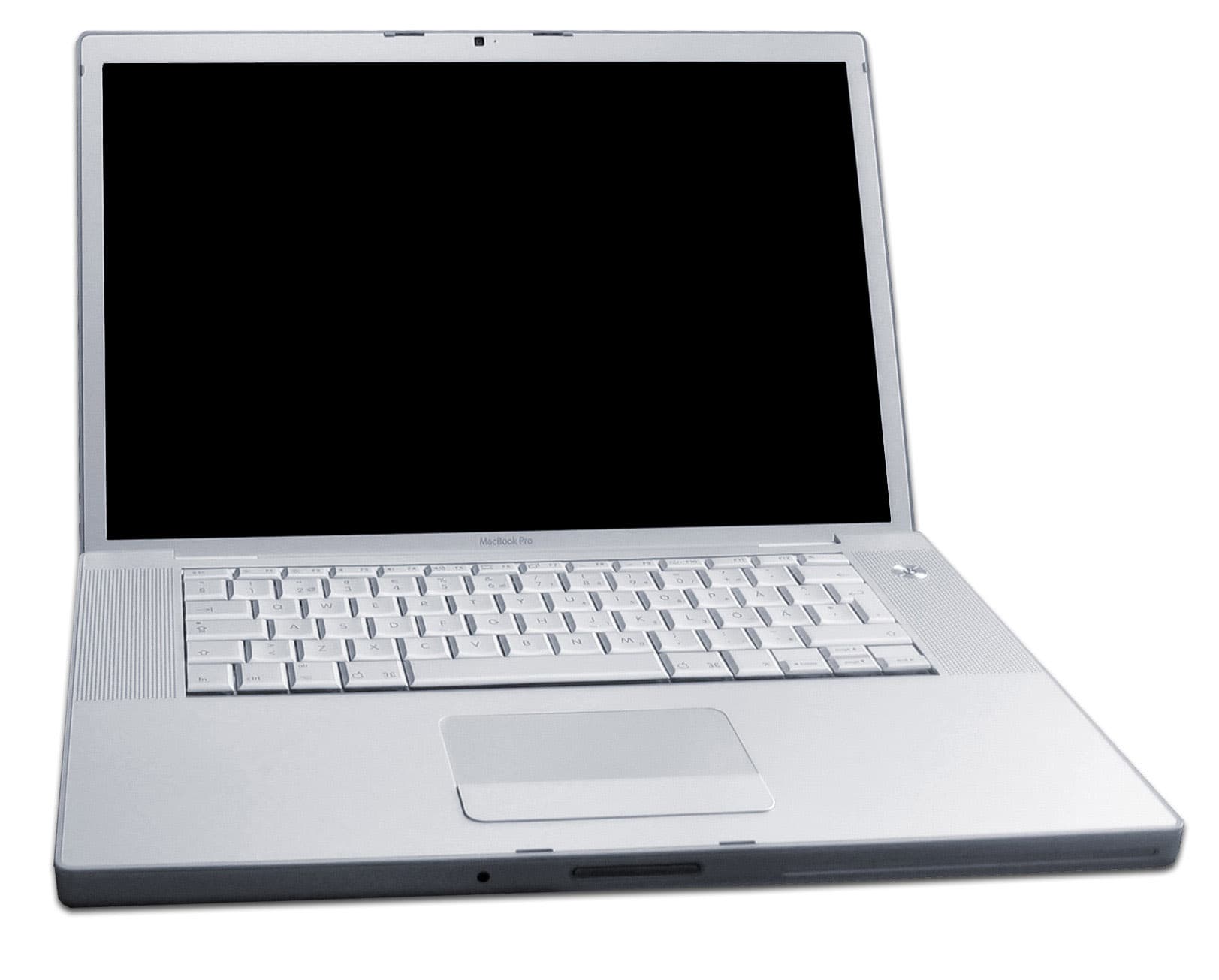 A laptop computer open on a surface
